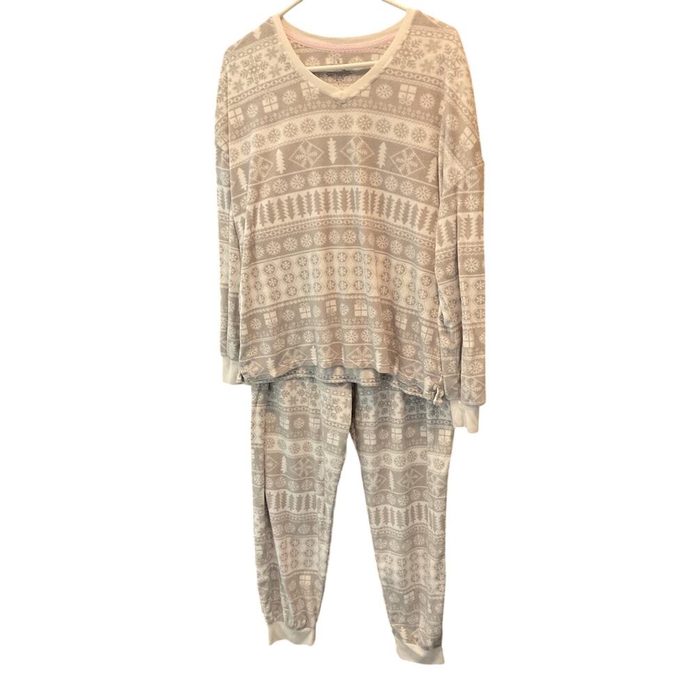 Cuddl Duds Pajamas Womens Large 2 Piece Shirt Pants Set Gray Snowflake Cozy